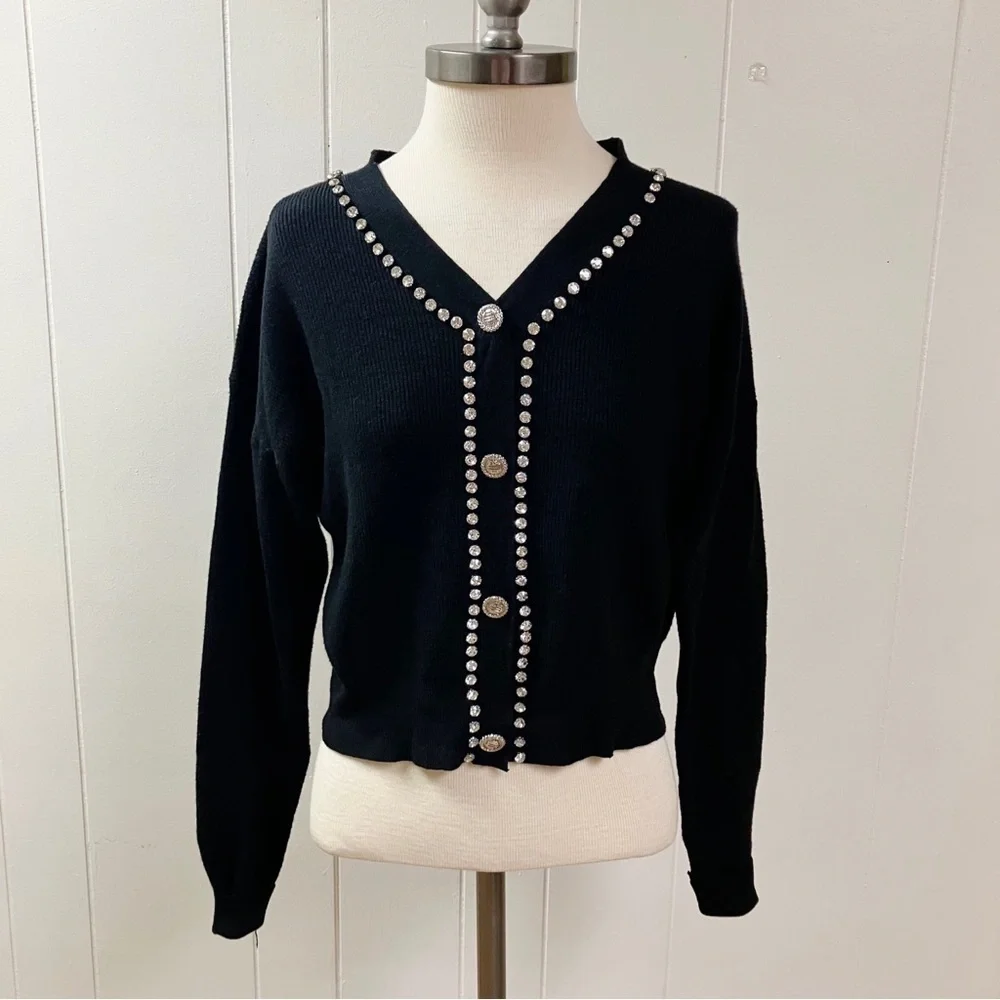 Vtg Y2k Holiday LIV MILANO Rhinestone Ribbed Faux Cardigan Sweater Small Black